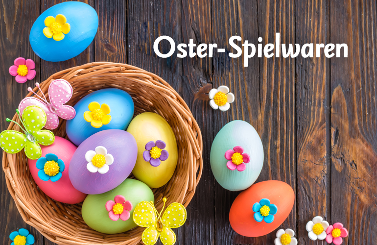 Oster Spielwaren in großer Auswahl bei Bantel. Auf dem Bild ist ein Osterkörbchen mit bunten Eiern.
