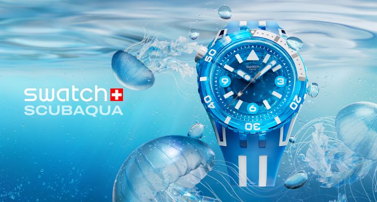Swatch Armbanduhr aus der Kollektion Scubaqua in der Farbe blau.
