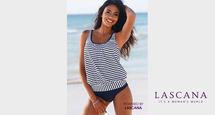 Badekombi schwarz weiß gestreiftes Oberteil von LASCANA
