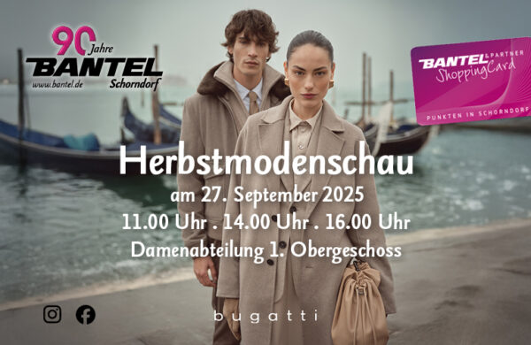 Einladung zur Herbstmodenschau am 27.09.2025 in der Damenabteilung im 1. Obergeschoss bei Bantel in Schorndorf.