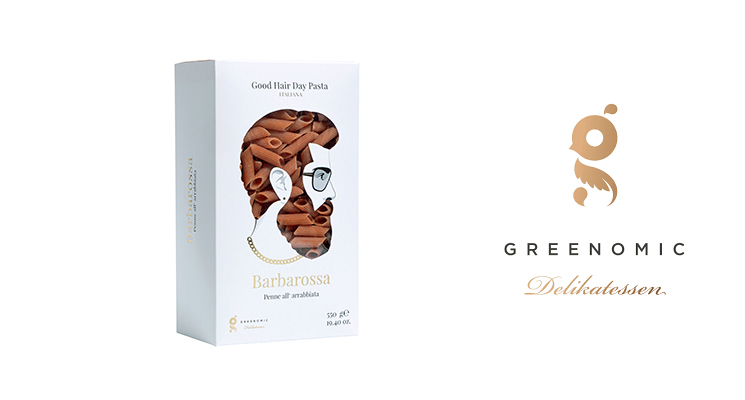 Barbarossa nudeln in eleganter Verpackung, Mann mit Bart und Brille aufgedruckt