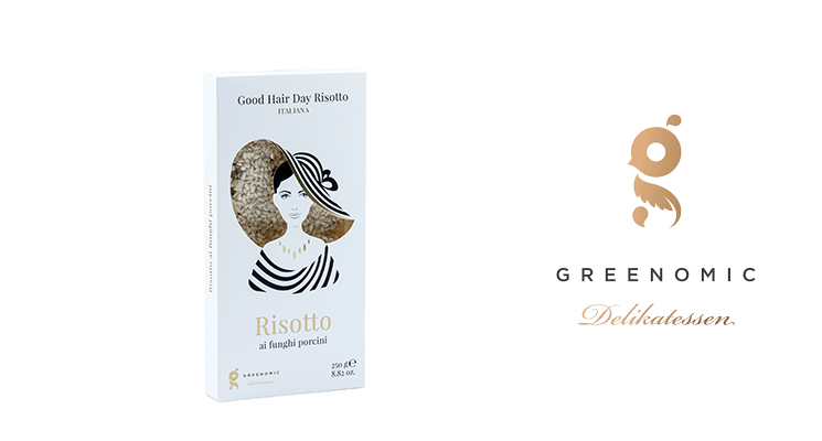 risotto in weißer Verpackung, darauf eine elegante Dame mit Hut von greenomic