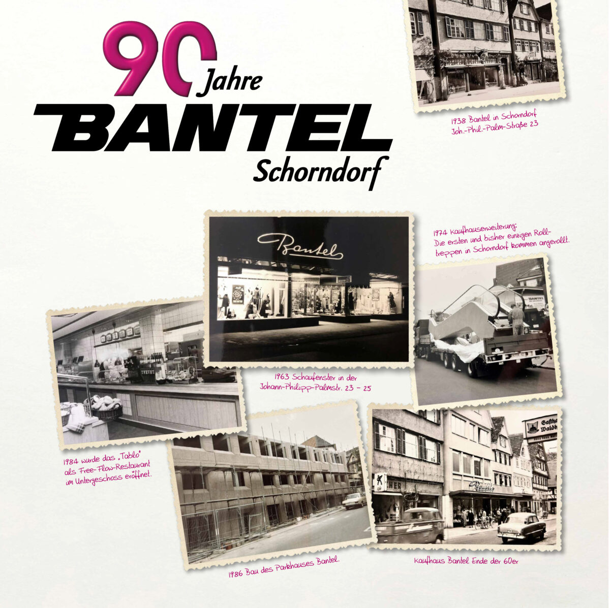 90 Jahre Bantel Schorndorf, 6 alte schwarz-weiß Bilder mit Ansichten des Kaufhauses der Jahre 1938, 1963, 1984 …