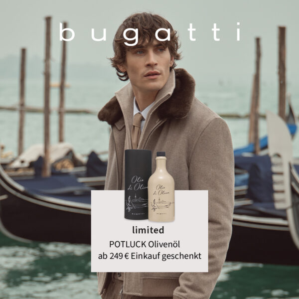 Herr mit Jacke in beige und Fellbesatz von Bugatti inklusive Bewerbung Olivenöl gratis beim Einkauf!