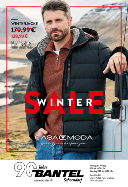 Casamoda Prospekttitelseite Winter Sale mit Mann in schwarzer Jacke, blaue Jeans
