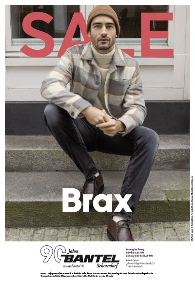 Sale Prospekt Brax Mann mit karierter Jacke und dunkler Jeans