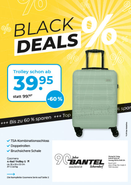 Black Deals von travelite Prospekttitelseite mit grünem Trolley