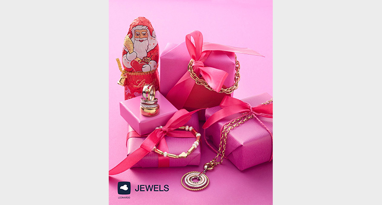 rosa Geschenke auf denen Ketten, ringe und Anhänger von Leonardo liegen, Nikolaus im Hintergrund