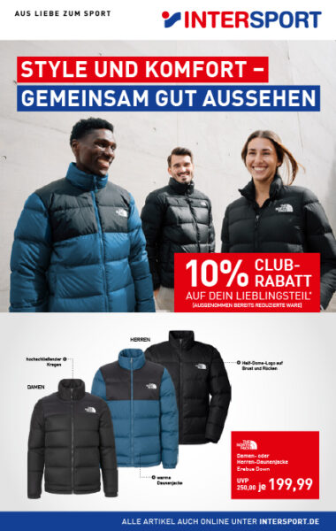 Intersport Prospekttitelseite mit 3 Damen/Herren Daunenjacken
