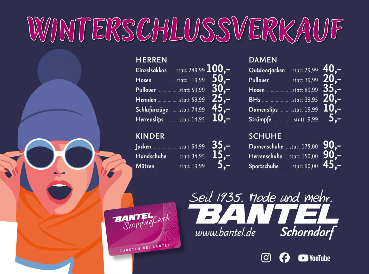 Winterschlussverkauf, Frau mit Bommelmütze und Sonnenmütze, orangener Schal