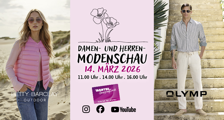 Einladungskarte zur Damen- und Herrenmodenschau am 14.3.26 bei Bantel in Schorndorf. Abgebildet ist ein Herr in gestreiftem blauen Hemd und weißer Leinenhose von Olymp und eine Frau mit rosa Langarmshirt und rosa Steppweste mit blauer Jeans von Betty Barclay Outdoor.
