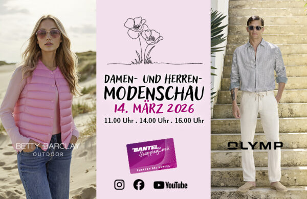 Einladungskarte zur Damen- und Herrenmodenschau am 14.3.26 bei Bantel in Schorndorf. Abgebildet ist ein Herr in gestreiftem blauen Hemd und weißer Leinenhose von Olymp und eine Frau mit rosa Langarmshirt und rosa Steppweste mit blauer Jeans von Betty Barclay Outdoor.