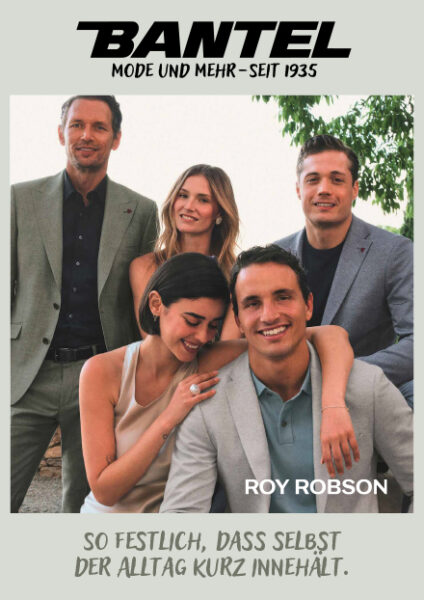 Prospekttitel festliche Mode mit 5 festliche gekleideten Frauen und Männer