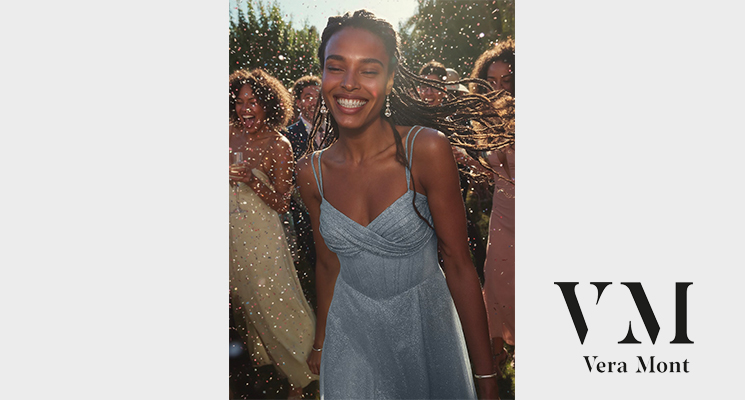 festliches Kleid in hellblau getragen von lachender Frau von der Marke VM Vera Mont