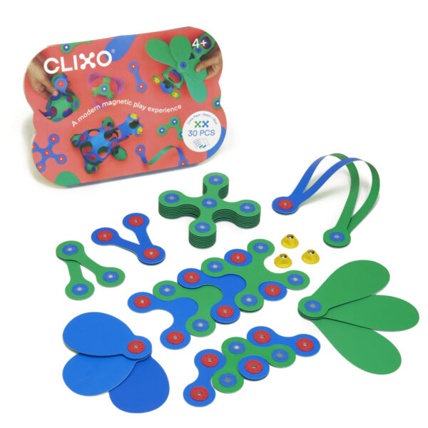 Bunte Clixo Magnetbausteine, mit denen Kinder flexible Formen und Figuren bauen
