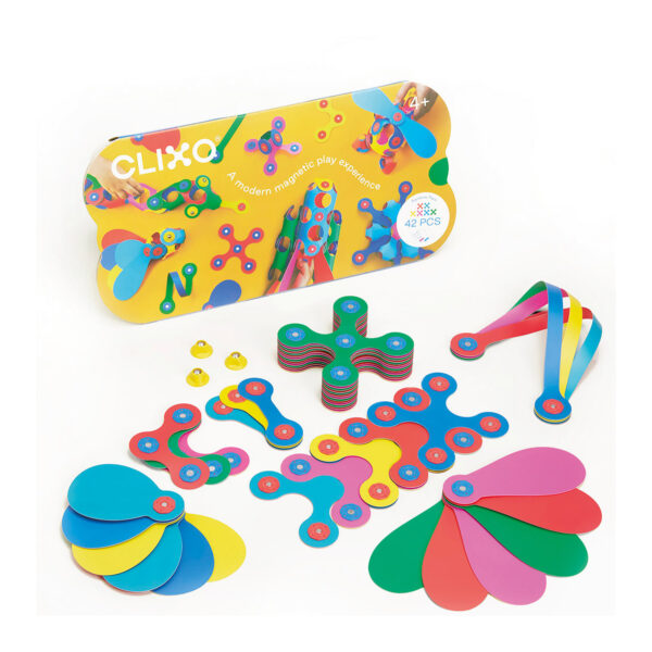 Bunte Clixo Magnetbausteine, mit denen Kinder flexible Formen und Figuren bauen