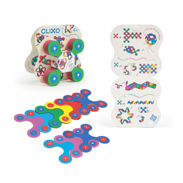 Bunte Clixo Magnetbausteine, mit denen Kinder flexible Formen und Figuren bauen