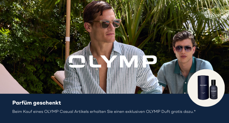 Mann mit blau gestreiftem Hemd und hellbeiger Hose und Sonnebrille macht Werbung für Olymp Parfum Aktion.