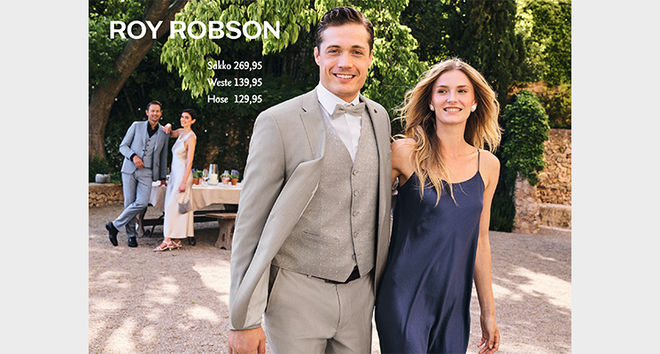 Mann in grauem Sakko, Weste und Hose und Frau in blauem Satinkleid von Roy Robsen