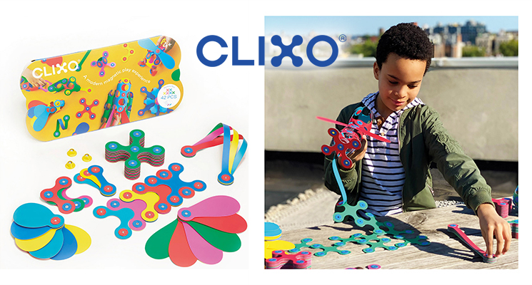 Kind baut fantasievolle Konstruktionen mit bunten Clixo Magneten