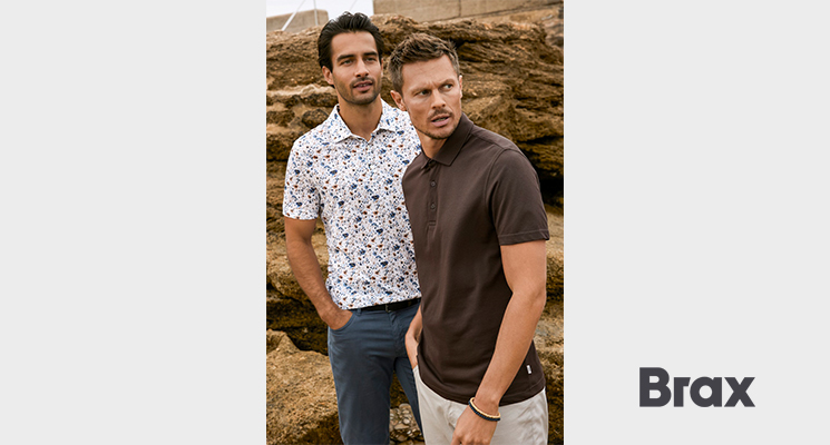 2 Herren in BRAX Polo-Shirts uni braun und weiß mit Muster