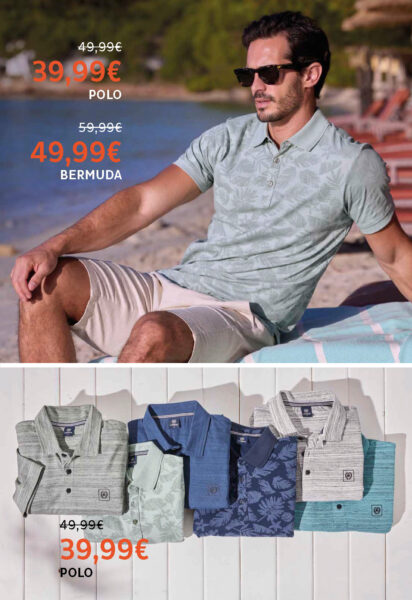 Lerros Summer Sale reduzierte Poloshirts in verschiedenen Farben und Motiven sowie sitzender Man mit reduziertem blauem Poloshirt und beiger Hose