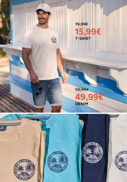 Lerros Summer Sale reduzierte T-Shirts in verschiedenen Farben sowie Mann in reduziertem weißem T-Shirt sowie blauer kurzer Hose