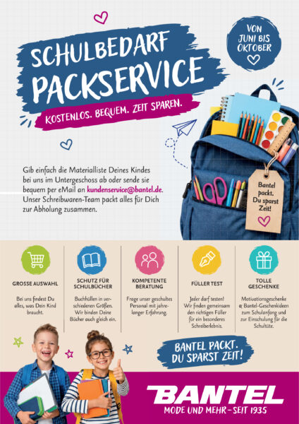 Schulbedarf Packservice bei Bantel. Materialliste abgeben oder per Email schicken und alles wird fertig gepackt