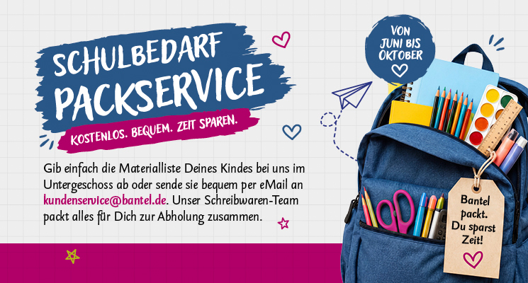 Schulbedarf Packservice bei Bantel. Materialliste abgeben oder per Email schicken und alles wird fertig gepackt