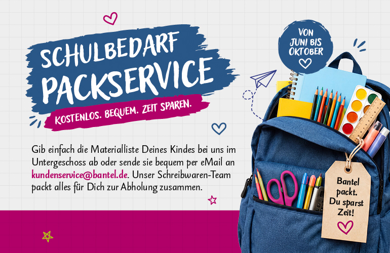 Schulbedarf Packservice bei Bantel. Materialliste abgeben oder per Email schicken und alles wird fertig gepackt