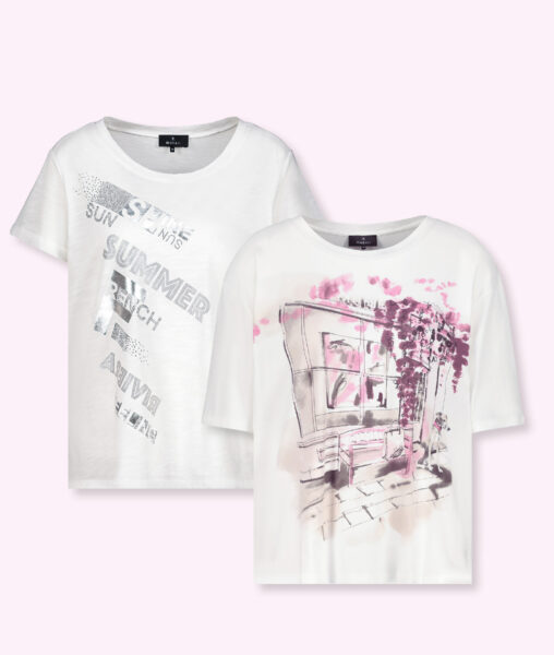 Reduziertes Damen T-Shirt Monari Gr. 34 – 46 in weiß mit 2 verschiedenen Printdrucken