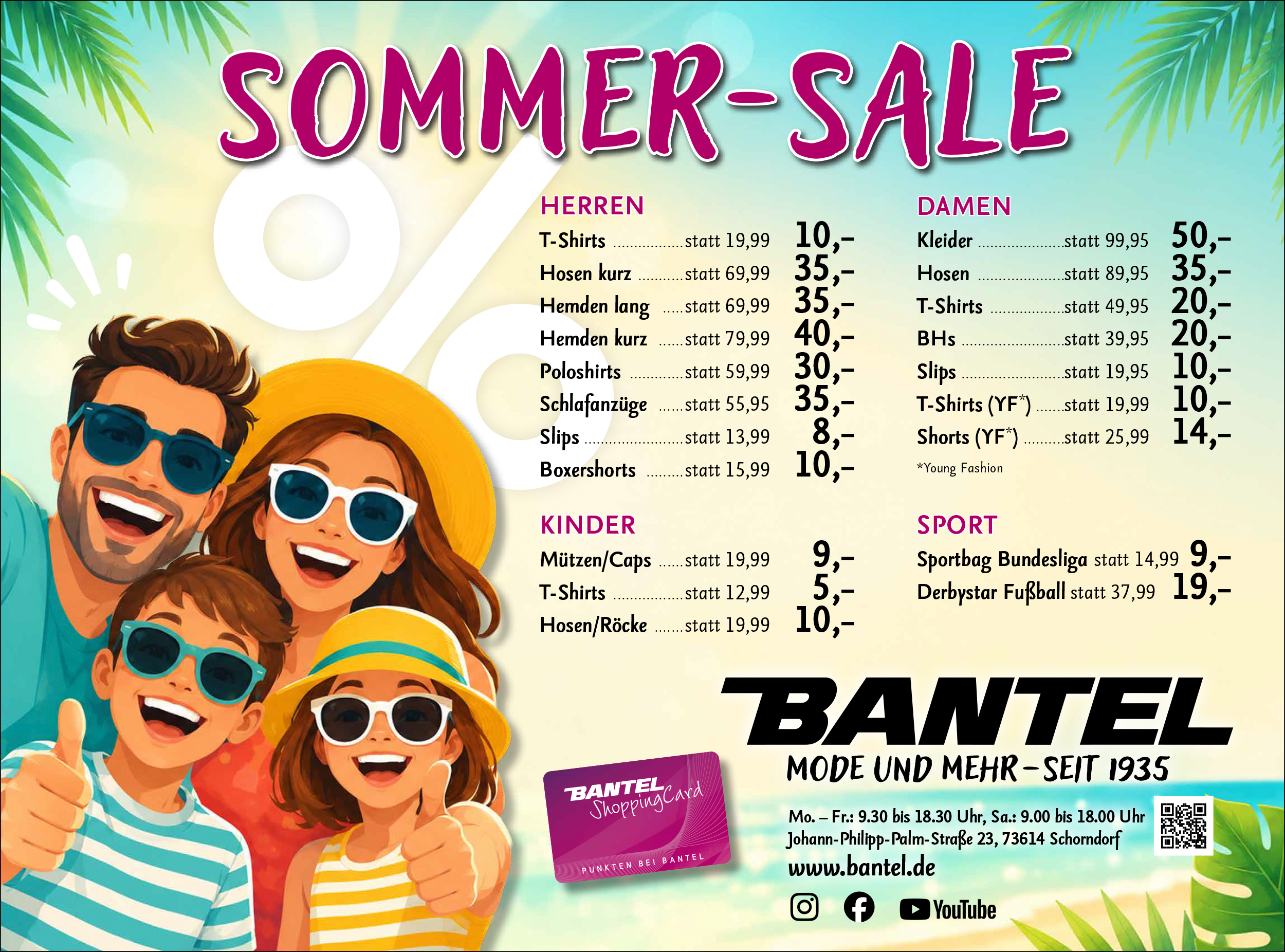 Sommer-Sale Angebote mit fröhlicher Familie, sommerlich gekleidet mit Sonnenbrillen. Bild mit KI-generiert