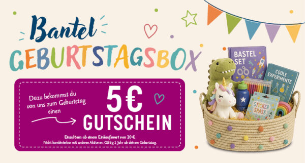 Um die Geschenkauswahl für Kindergeburtstage zu erleichtern gibt es bei Bantel den Geburtstagsbox-Service. Jedes Kind erhält bei Teilnahme einen 5 Euro Gutschein.