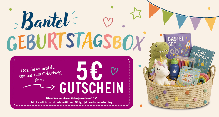 Um die Geschenkauswahl für Kindergeburtstage zu erleichtern gibt es bei Bantel den Geburtstagsbox-Service. Jedes Kind erhält bei Teilnahme einen 5 Euro Gutschein.