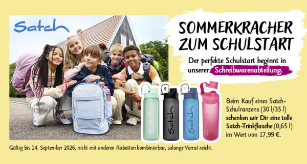 Beim Kauf eines Satch-Schulranzens (30 l/35 l) schenken wir Dir eine tolle Satch-Trinkflasche (0,65 l) im Wert von 17,99 €. Gültig bis 14. September 2026, nicht mit anderen Rabatten kombinierbar, solange Vorrat reicht.
