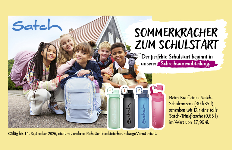 Beim Kauf eines Satch-Schulranzens (30 l/35 l) schenken wir Dir eine tolle Satch-Trinkflasche (0,65 l) im Wert von 17,99 €. Gültig bis 14. September 2026, nicht mit anderen Rabatten kombinierbar, solange Vorrat reicht.