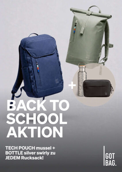 GOT BAG Back to school Aktion beim Kauf eines Rucksacks bekommt man Trinkflasche und Elektroniktasche für Kabel gratis dazu