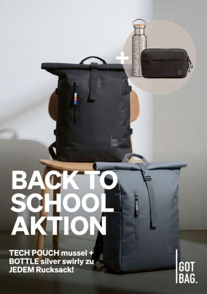 GOT BAG Back to school Aktion beim Kauf eines Rucksacks bekommt man Trinkflasche und Elektroniktasche für Kabel gratis dazu