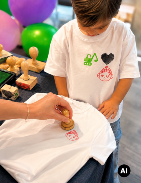 KI-generiertes Bild wo ein Kind bei der Stempelaktion von name it beim Bestempeln zusieht und das Kind selbst ein bestempeltes T-Shirt trägt