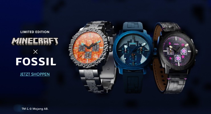 3 verschiedene Armbanduhren in der Limited Edition von Minecraft und Fossil Uhren
