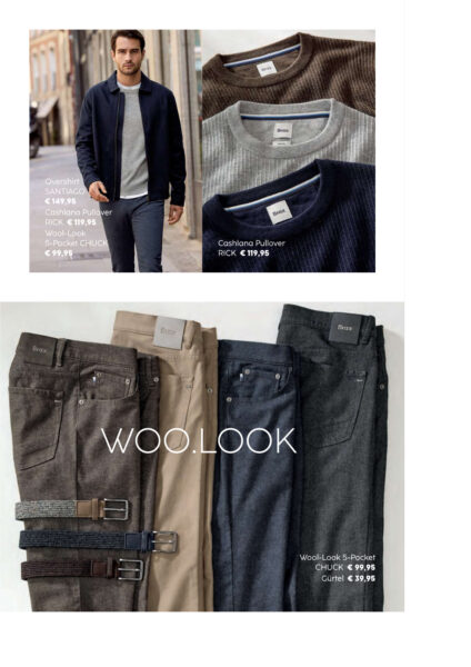 BRAX Prospekt Innenseite mit verschiedenen Pullovern, Hosen sowie Mann mit blauer Jacke und grauem Pullover und blauer Hose