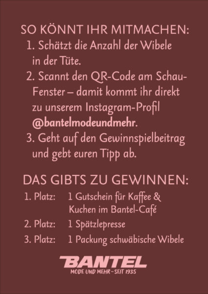 Plakat zur Teilnahmebeschreibung am Schaufenster Bantel Gewinnspiel über Instagram mit Aufzählung der Preise die zu gewinnen sind