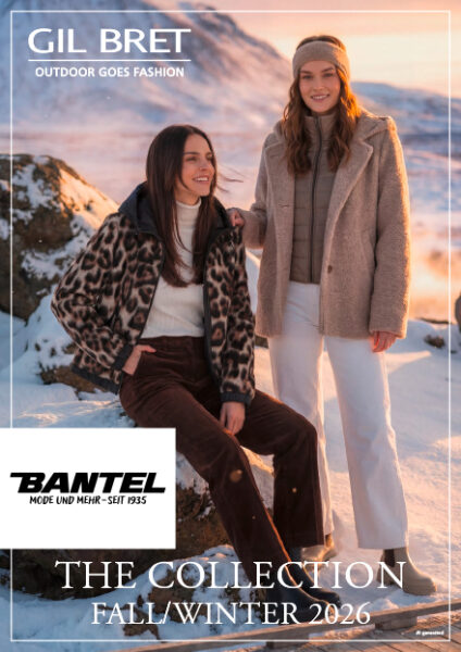 Prospekttitelseite Gil Bret The Collection Fall/Winter 2026, zwei Frauen im Winteroutfit. Bilder im Prospekt sind KI-generiert