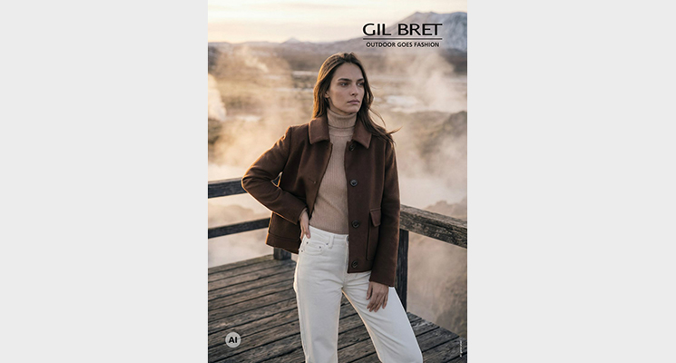 Stehende Frau in brauner kurze Woll-Misch-Jacke, weißer Jeans und beigem Rollkragenpullover von Gil Bret. Bild: KI-generiert