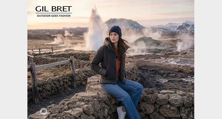 Sitzende Frau in brauner Jacke mit thermoisolierter Wattierung und stilvollen Deko-Elementen und blauer Jeans und blauer Mütze von Gil Bret. Bild: KI-generiert