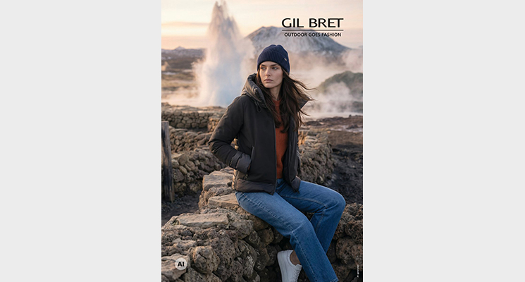 Sitzende Frau mit brauner Jacke mit thermoisolierter Wattierung und stilvollen Deko-Elementen, blauer Jeans und blauer Mütze von Gil Bret. Bild: KI-generiert