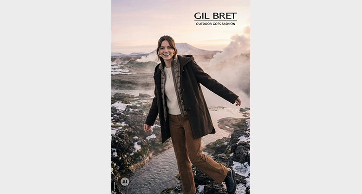 Frau in edler Wolljacke mit Teddy-Kaputze und austrennbaren Westenteil, hellbeigem Pullover und brauner Hose von Gil Bret. Bild: KI-generiert