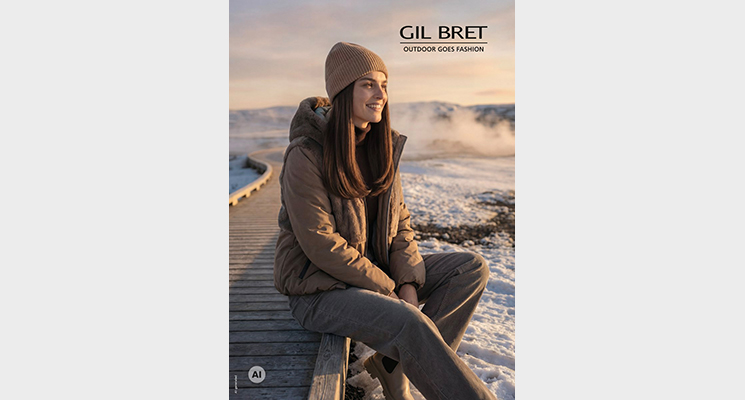 Sitzende Frau am Steg am Meer mit brauner Jacke und brauner Hose und hellbrauner Mütze von Gil Bret. Bild: KI-generiert